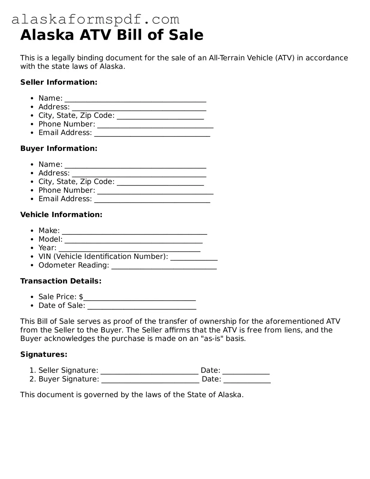 Attorney-Approved Alaska ATV Bill of Sale Template