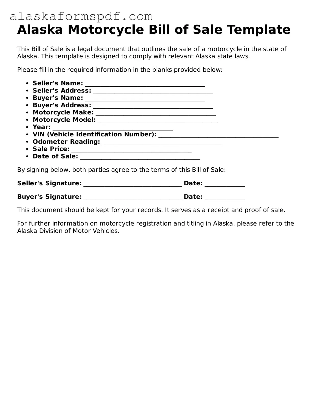Attorney-Approved Alaska Motorcycle Bill of Sale Template