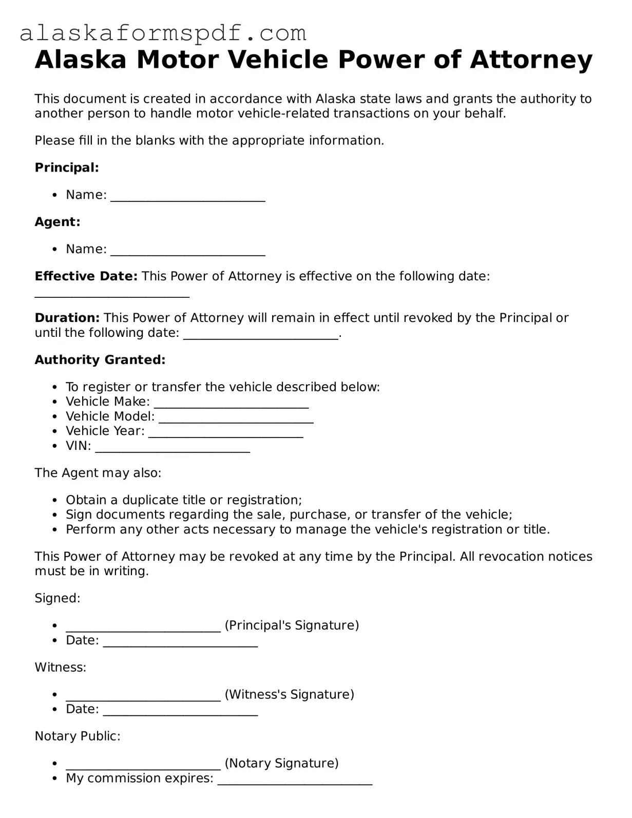 Attorney-Approved Alaska Motor Vehicle Power of Attorney Template