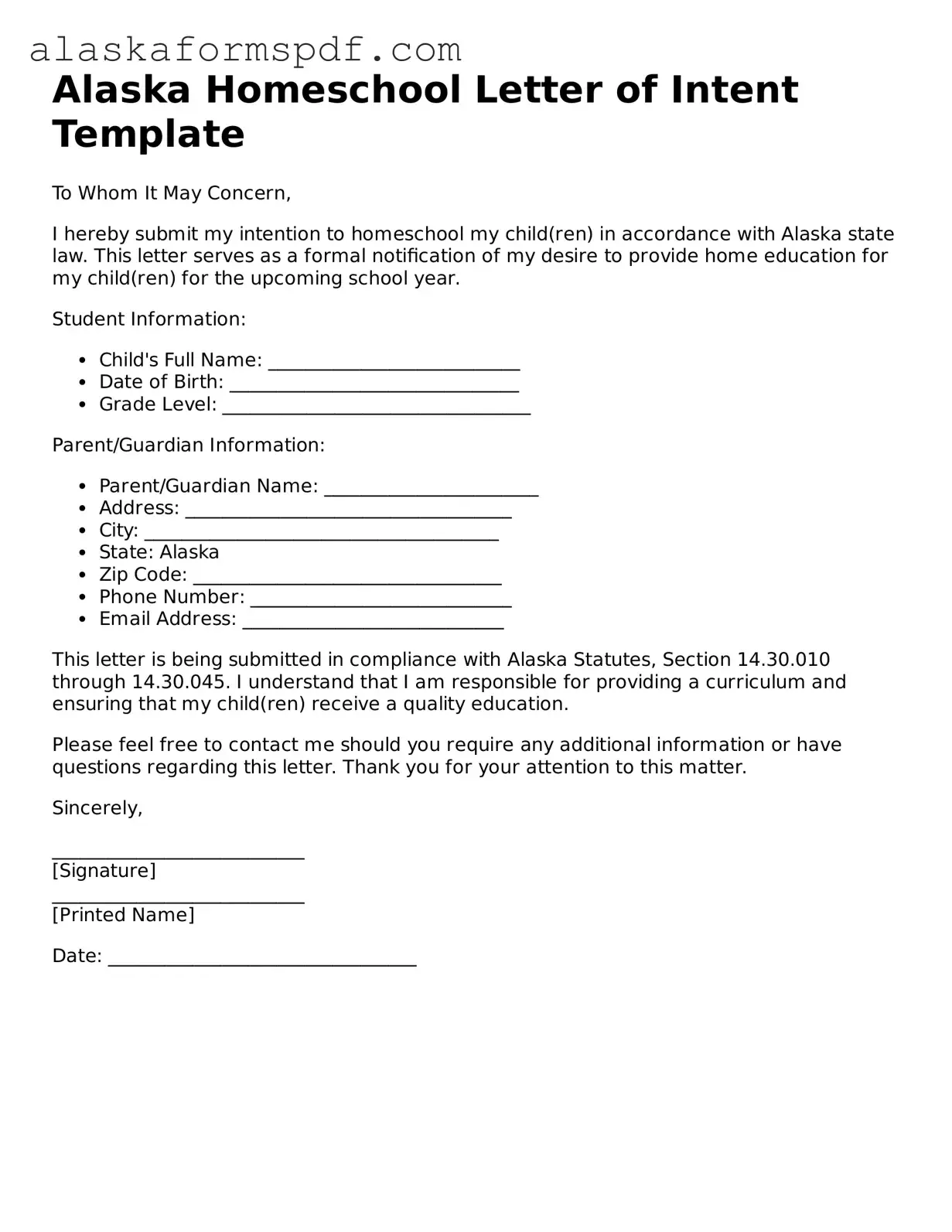 Attorney-Approved Alaska Homeschool Letter of Intent Template